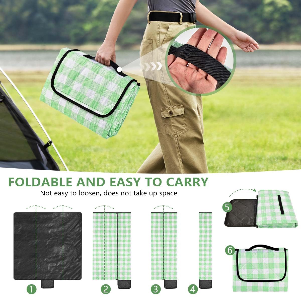 OBTANIM Extra Large Picnic Blanket 80 x 80 Inch Waterproof Foldable Beach Blankets Outdoor Picnic Mat for Camping Grass Lawn Park Music Festival Party Accessories (Green and White)