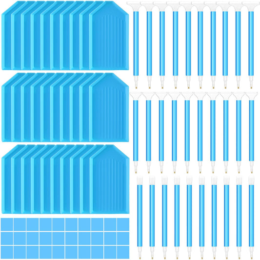 Affrolling 90 Pcs 5d Diamond Art Painting Tools and Accessories Kits Include Drill Pens with 3 Drill Sizes, Plastic Diamond Trays, Glue Clay, Rhinestone Art Painting DIY Accessories(Blue)