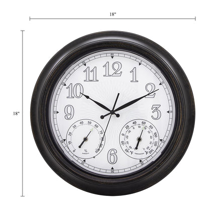 NESIFEE 18 Inch Illuminated Indoor Outdoor Clock Waterproof with Thermometer Hygrometer Smart Sensor Large Black Metal Wall Clocks Battery Operated for Patio, Garden, Living Room, Bedroom, Pool, Porch