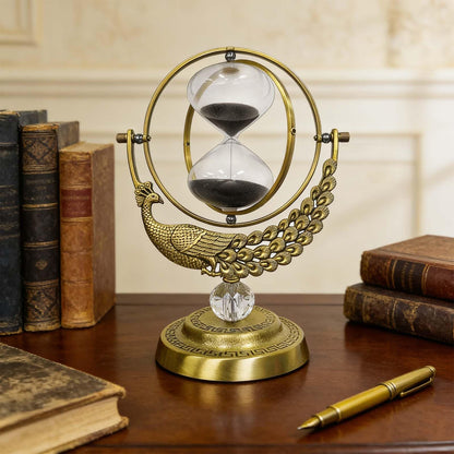 SuLiao Hourglass Sand Timer, 60 Minute Peacock Rotating Hour Glass, 60 Min Unique Black Sand Clock, Large 1 Hour Brass Sandglass, 1 hr Metal Decorative Reloj De Arena, Desk, Office, Home