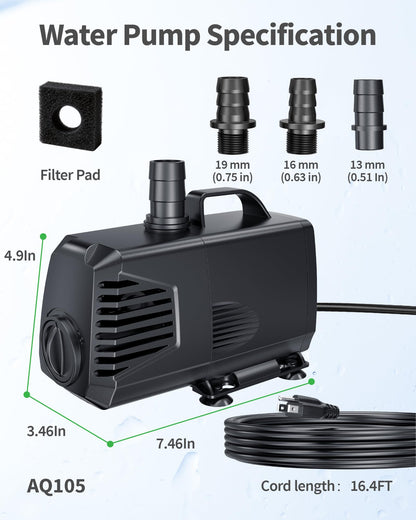 POPOSOAP 880GPH Submersible Pump(3200L/H, 85W), Ultra Quiet Fountain Pump with Over Heating Protection & Filter Sponge 10.5ft High Lift for Pond, Fish Tank, Aquarium, Hydroponics, Waterfall Q105