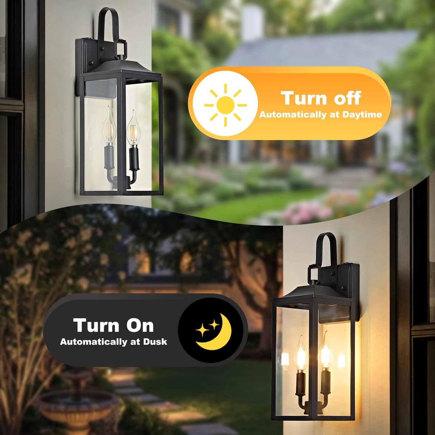 OKELI 17.6" Dusk to Dawn Outdoor Lighting, 2-Light Black Wall Lantern for Porch Outside Wall Sconces with Tempered Glass Shade, Anti-Rust Wall Lights Outside Light for Garage, Foyer