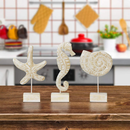 Exttlliy 3pcs Wood Handmade Beach Nautical Style Figurines Starfish/Conch/Seahorse Statue Home Decor Beach Decor Coastal Decor