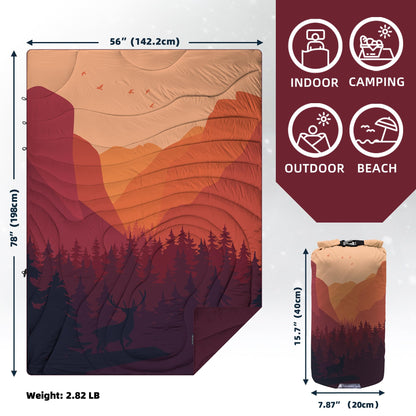 KawaGebo Kamp Camping Blanket Puffy - Outdoor Stadium Blanket Wearable, Lightweight, Packable, Machine Washable Camping Quilt for Traveling, Picnic, Beach, Party 78"x 56" (Sunset Mountain Scenery)