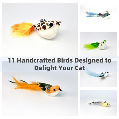 ZAYLUMO 11 PCS Multi-Functional Cat Toy Replacement Heads – Realistic Handmade Bird Teasers with Bells & Detachable Clip, for Interactive Play, Indoor Enrichment & Home Decoration