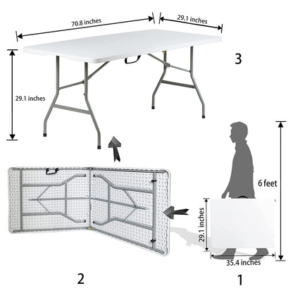 Go-Trio 6 Foot Folding Table 6ft Foldable Portable Plastic Tables for Party, Fold-in-Half Heavy Duty Table, 6’ Utility Dining Card Long Table, Indoor Outdoor Fold up for Picnic, Camping, White, Large