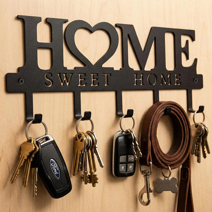 WIPHANY Entryway Wall Key Holder with 5 Hooks, Metal Key Rack Wall Mount for Keys, Bags and Leashes, Decorative Organizer for Entryway, Mudroom or Hallway, Sweet Home Design, 9.8 inches, Black