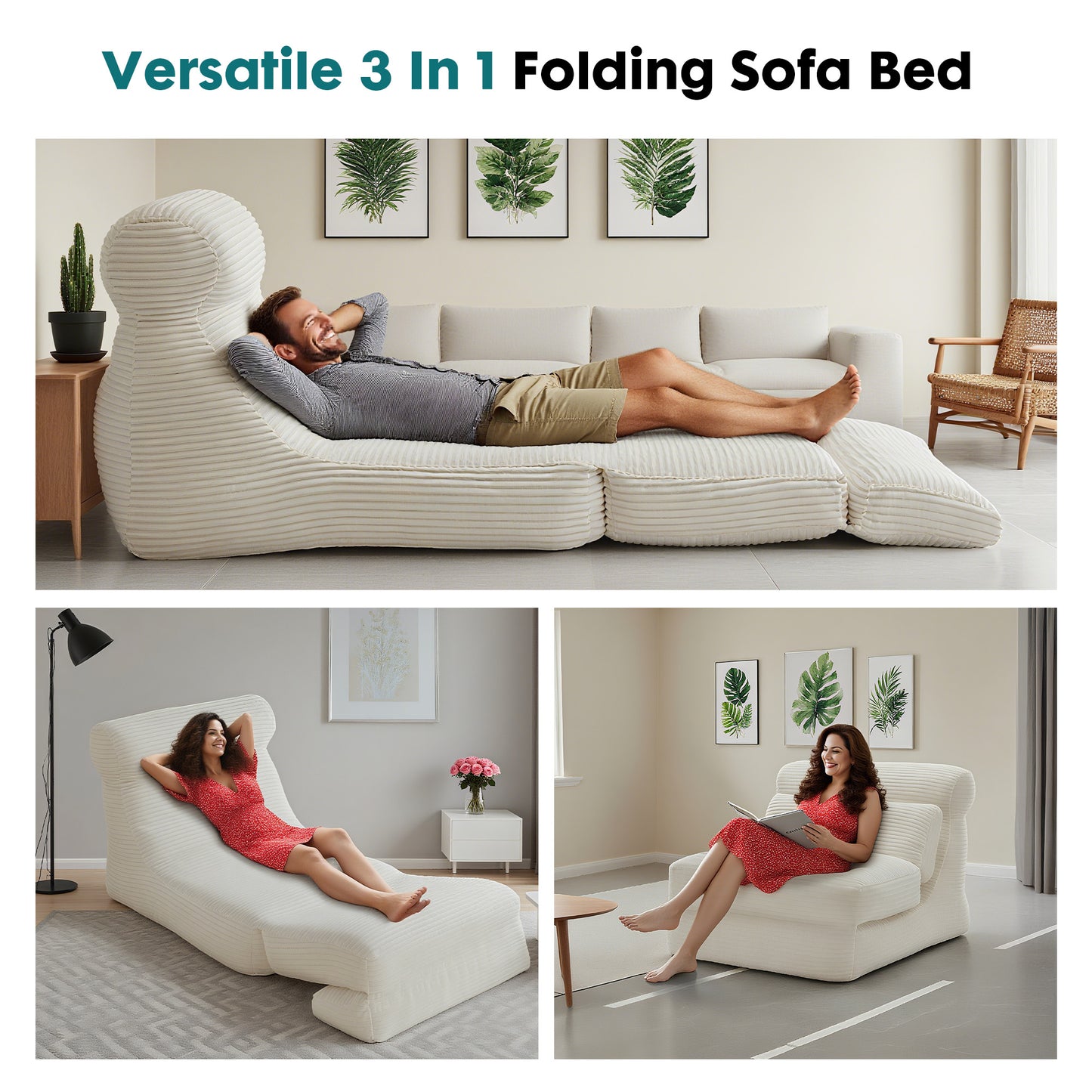 3-in-1 Folding Sofa Bed, Convertible Sleeper Sofa Chair with Memory Foam Mattress & Cushions - Space-Saving Bed/Lounge Chair for Small Spaces, Apartments, Dorms - No Assembly Required, Modern Floor Bed (Black/Dark Grey/ Grey)