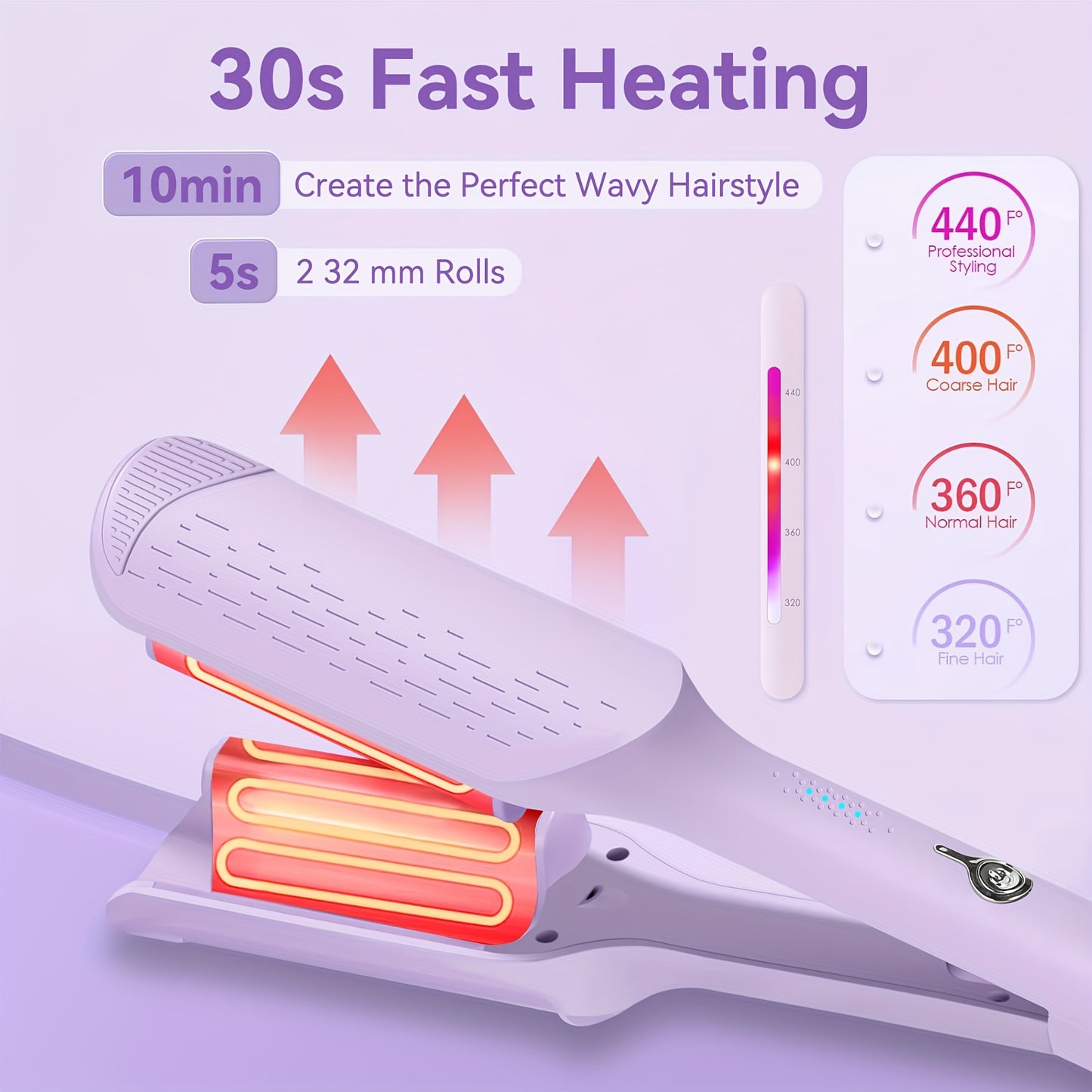 32mm Wave Curling Iron - Adjustable Temperature & Easy to Style, Fast Heating with Long-Lasting Results & Safe Temperature Control Technology. Perfect Anti-Scald Curling Device for Women to Create Deep U-Shaped Wool Curls (Pink/Purple Optional)