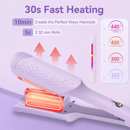 32mm Wave Curling Iron - Adjustable Temperature & Easy to Style, Fast Heating with Long-Lasting Results & Safe Temperature Control Technology. Perfect Anti-Scald Curling Device for Women to Create Deep U-Shaped Wool Curls (Pink/Purple Optional)