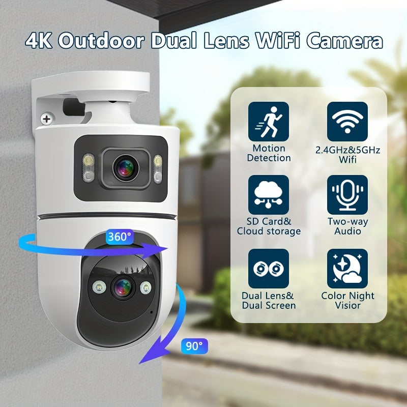 2.4G&5GHz WiFi 4K Outdoor Dual Lens Wireless Security Camera, with Dual Lenses, Rain-proofRotating, Night Vision, Dynamic Detection, Two-Way Call, Wifi Connectivity - Imagery & Christmas Halloween Decorations, Thanksgiving Day Gift.