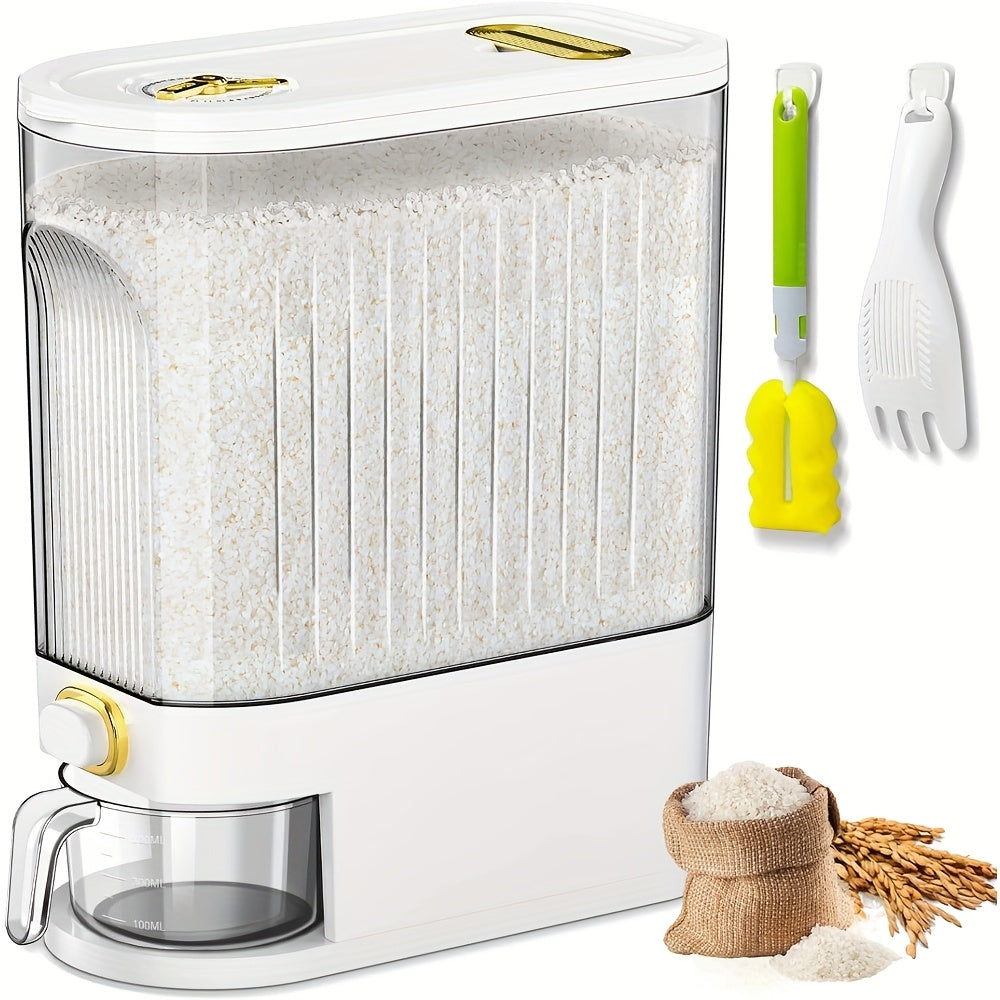 22 lbs/10kg Large Rice Dispenser with Measuring Cup & Time Scale - Plastic Grain Storage Container, Locking Lid & Window for Kitchen Pantry - Dispensing Dry Food for Rice, Wheat, Barley (Heavy-Duty