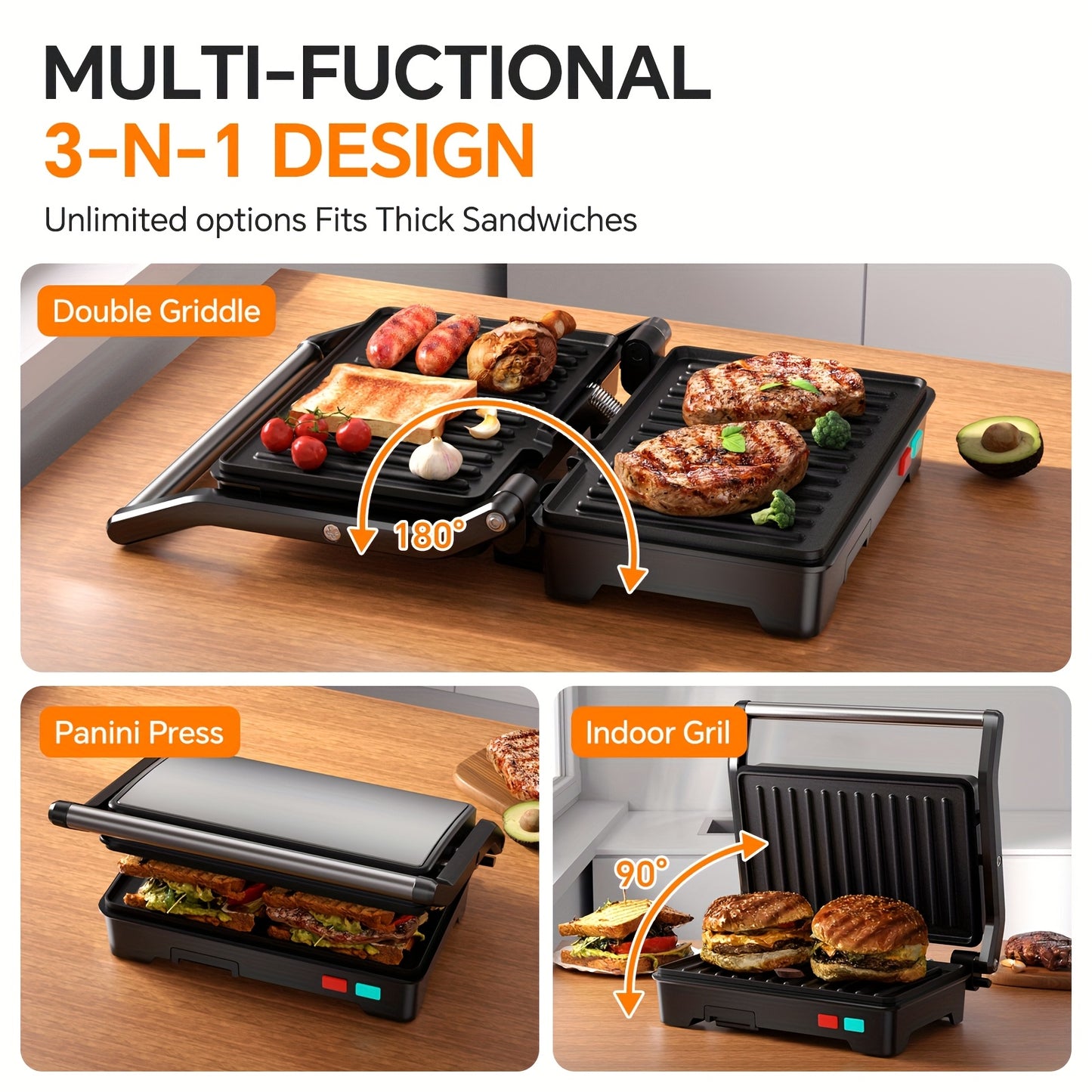 1000W Electric Panini Press Grill 3-in-1 Indoor/Outdoor Grill & Pizza Oven with Non-Stick Plates, Grease Tray, Fast Preheat, Dual Heating Plates & Floating Hinge - Sandwich Maker, BBQ Grill for Camping, Easy Clean ( Plug)