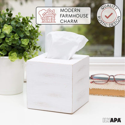 Ilyapa Wood Tissue Box Cover Square - Rustic Farmhouse White Wooden Tissue Holder