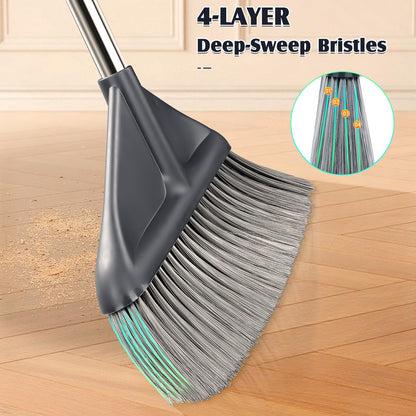 Broom and Dustpan Set for Home with 52 Inch Long Angled Handle - Stand Up Dustpan No Warping Metal Edge, Ergonomic Sweeping, 4 Layer Bristles and Hair Cleaning Teeth for Kitchen Office
