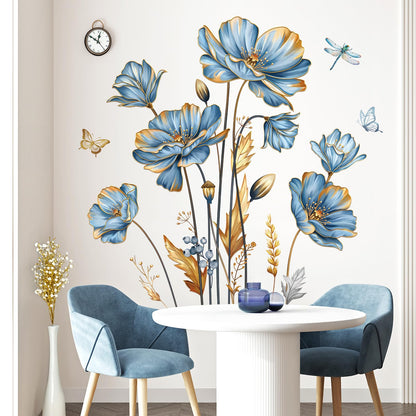 decalmile Large Blue Flower Wall Stickers Floral Butterfly Plants Gold Leaves Wall Decals Bedroom Living Room Sofa TV Background Wall Decor
