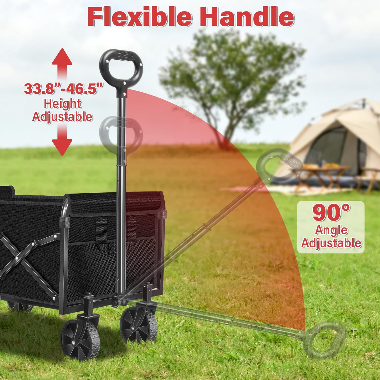 Collapsible Folding Utility Wagon Cart with Wheels, 360 Lbs Heavy Duty Outdoor Foldable Wagon with Adjustable Handle, 2 Drink Holders, Portable Wagon for Groceries, Garden, Beach, Camping, Shopping