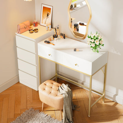 SUPERJARE 31.5" White and Gold Desk with 2 Drawers, Modern Vanity Desk, Small Makeup Table for Home Office Writing Study Bedroom