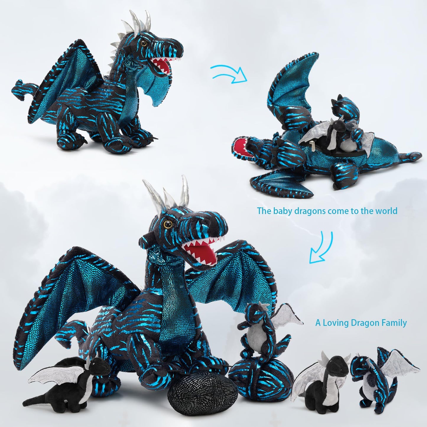 MaoGoLan Giant 7 Pcs Dragon Stuffed Animals - 22" Dragon Plush Toy with 4 Babies & 2 Eggs in Mom's Belly, Soft Dinosaur Plush Set Birthday Easter Gift for Boy Girl Kid Baby Shower Party Decoration