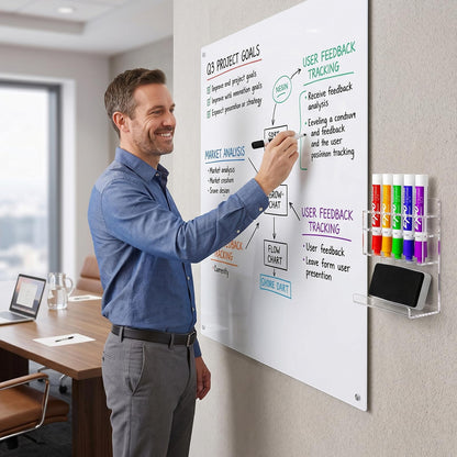 MyGift Wall Mounted Clear Acrylic Dry Erase Marker Holder Organizer for 5 Markers and Eraser, Hanging Whiteboard Accessories Rack for Office Home Dorm Classroom Meeting Room