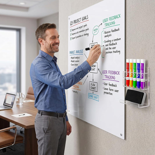 MyGift Wall Mounted Clear Acrylic Dry Erase Marker Holder Organizer for 5 Markers and Eraser, Hanging Whiteboard Accessories Rack for Office Home Dorm Classroom Meeting Room