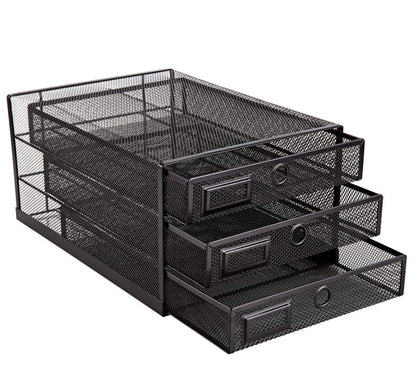 Annova Desk Organizer Wire Mesh 3 Tier Sliding Drawers Paper Sorter/Multifunctional/Premium Solid Construction for Letters, Documents, Mail, Files, Paper, Kids' Art Supplies (Black)