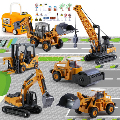 Construction Trucks Toy Set with Yellow Bus Storage and Play Mat – Alloy Inertia Driving Simulation Model Engineering Toys with Scenario Accessories – Ideal Gifts for Ages 3-8, Boys and Girls (5 in 1)