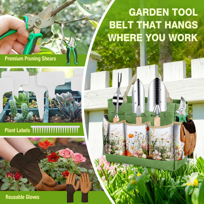 Gardening Tools Set for Women 29Pcs Heavy Duty Garden Hand Tools Set with Floral Tote Bag Rust-Proof Garden Tool Kit Supplies Gardening Esssential Gifts for Women Men