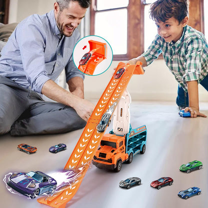 Toddler Car Truck Toys,Car Carrier Truck Toy for Kids Age 3-5 4-8,Foldable Car Track Sets with 2.8-Ft Race Track and 6 Die-Cast Race Cars, Truck Toys Gifts for 3 4 5 6 7 8+ Year Old Boys Girls(orange)