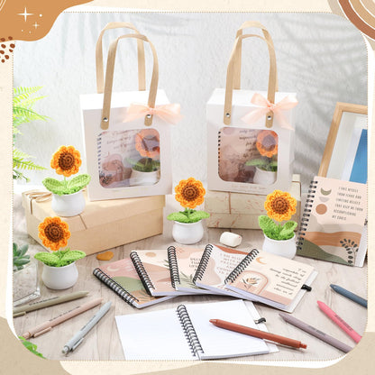 Kosiz 48 Pcs/12 Set Positive Affirmation Gift for Women Boho Positive Notebooks with Ballpoint Pens Motivational Spiral Notepad Inspirational Crochet Sunflower Gift for Mother's Day, Teacher, Coworker