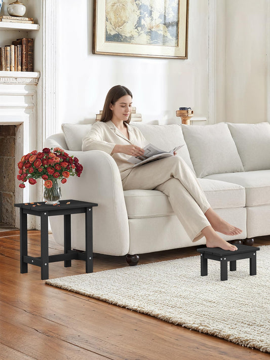 LUE BONA Outdoor Side Table, 2-Tier HDPS Outdoor Nesting End Table with Removable Small Foot Stool for Patio, Deck, Poolside, Low Maintenance & Weather Resistant,Black