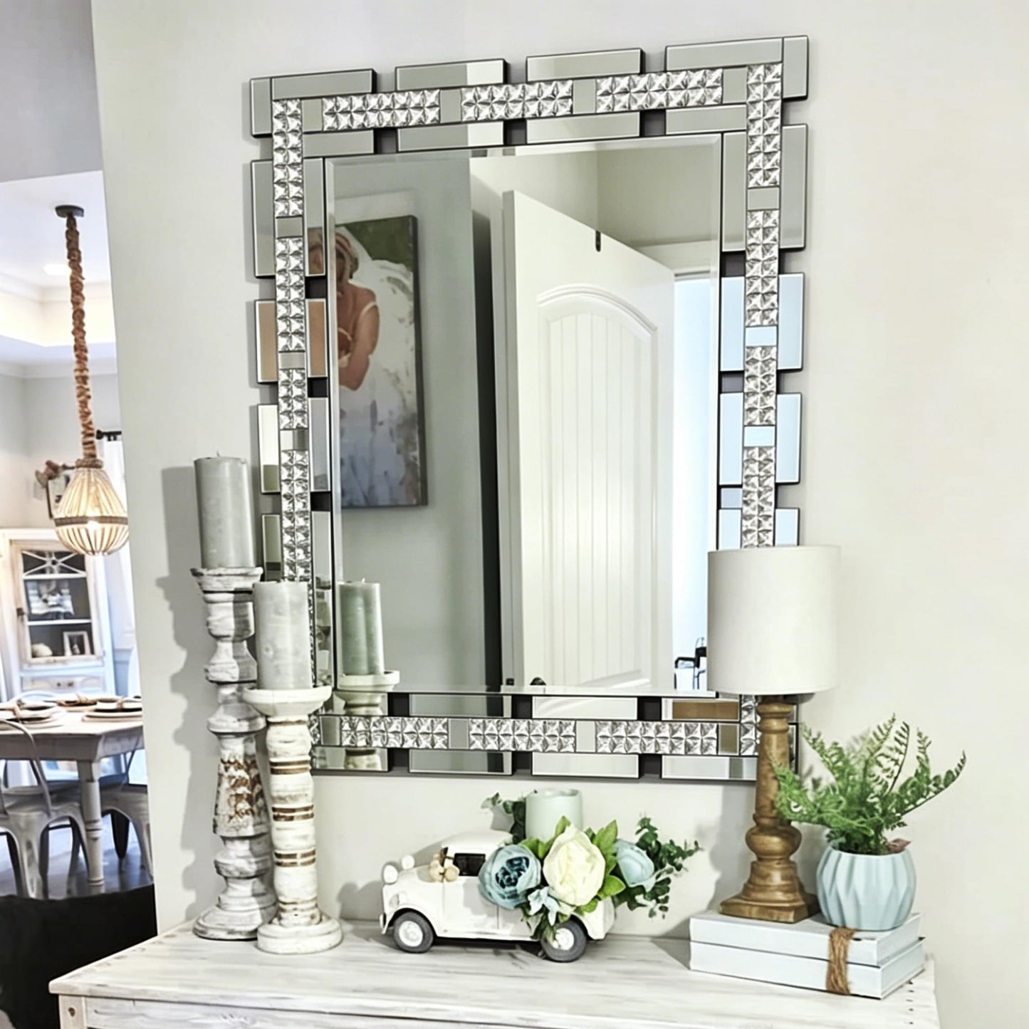 Chende Crystal Large Wall Mirror for Decor, Rectangular Large Living Room Mirror with Beveled Edge and Glass Frame, Entrance, Fireplace, Home Office, Horizontal/Vertical Hanging, 32" x 47"