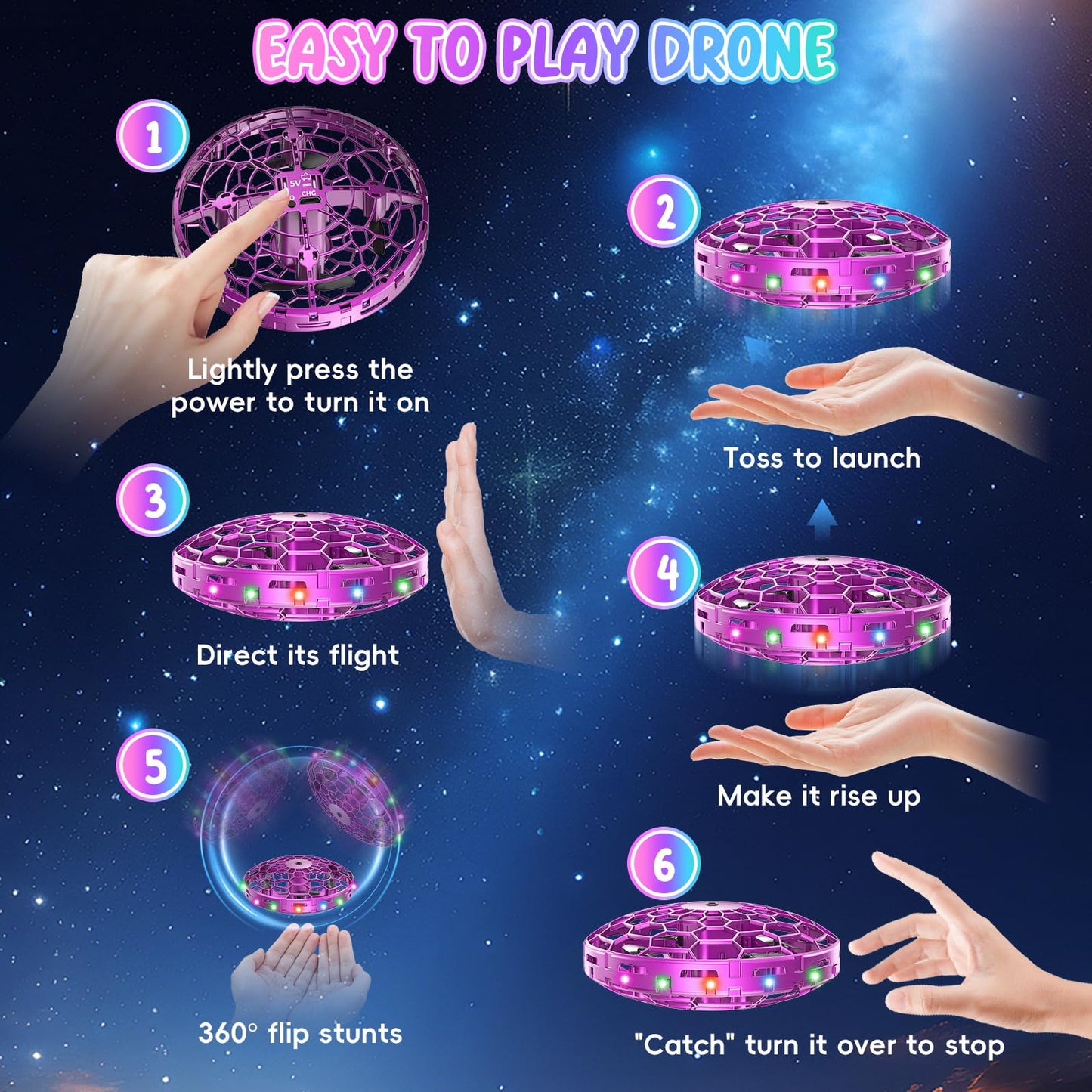 TSM005 Mini Drone for Kids,Hand Operated UFO Toy,Flip Stunt Hover Toy with LED,Easy Indoor Outdoor Flying Toys,Rechargeable UFO Drone for Kids 6-8-12,Cool Christmas Birthday Gifts for Boys Girls (Purple)