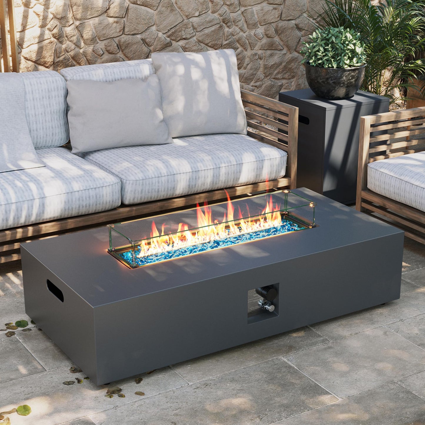 UPHA 56-inch Outdoor Propane Gas Fire Pit Table 50000 BTU Iron Rectangle Firepit for Outside Patio with Tank Hidden Table, Wind Guard, Removable Lid, Blue Glass Rocks, Rain Cover, Grey