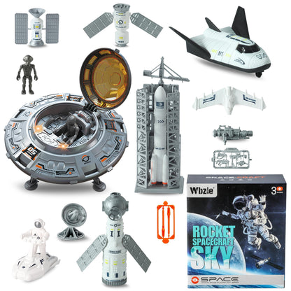 Wbzle Rocket Ship Toy, Space Toys Playset with UFO, Plane, Rocket Launcher, Satellites, Astronaut Toy Set with Light and Sound, Exploration Toys for Boys 3-5
