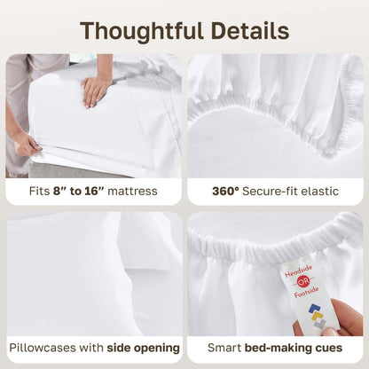 California Design Den Full Size Bed Sheets Set - Luxury 600 Thread Count 100% Cotton Sateen, Deep Pockets with All Around Elastic for a Snug Fit, Durable Bedding Set - White
