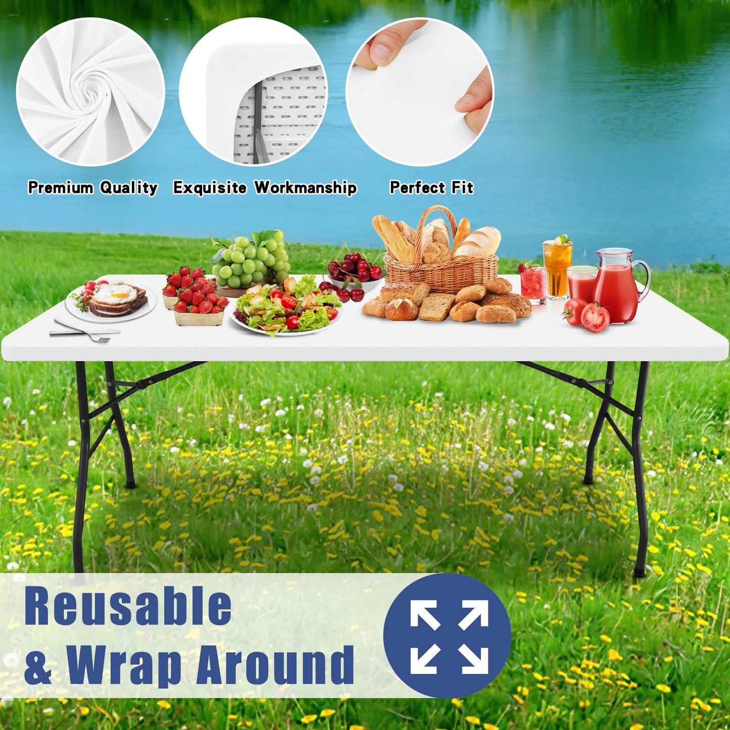 Moosfor Spandex 4 Foot Rectangle Table Cloth 6 Pack, Elastic Fitted Tablecloths for Picnic, Stretch Washable Patio Table Cover for Outdoor, Camping, Banquet and Parties (White, 30"x48")
