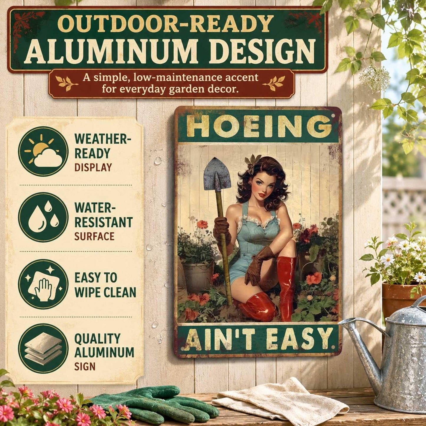 PEACHGARDEN Garden Signs Yard Art Hoeing Ain't Easy Funny Garden Aluminum Metal Sign for Outside Patio Backyard Greenhouse Decor, 8x12 Inch