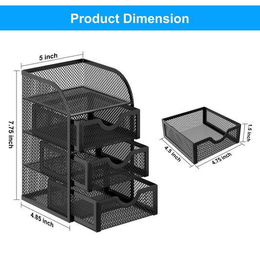 EasyPAG Mesh Desk Organizer with 3 Drawer Office Desktop Organizers and Accessories Stationery Caddy for Office, Home, Students, Black
