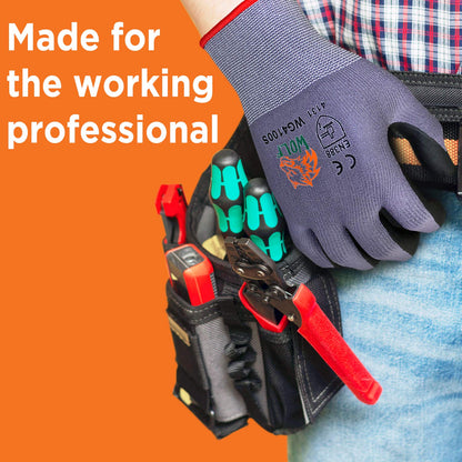 WOLF Ultra-Thin Nitrile Foam Grip Palm Coated Nylon Shell Work Glove, Construction, Gardening, Mechanics, Warehouse, Multi-Purpose, Black (12, Extra Large)