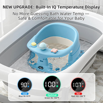 Baby Bath Seat for Babies 6 Months & up with Thermometer, Non-Slip Toddler Bath Seats for Sitting Up, Safe Infant & Newborn Bathtub Chair with 4 Suction Cups, Soft Cushion & Temperature Display, Blue