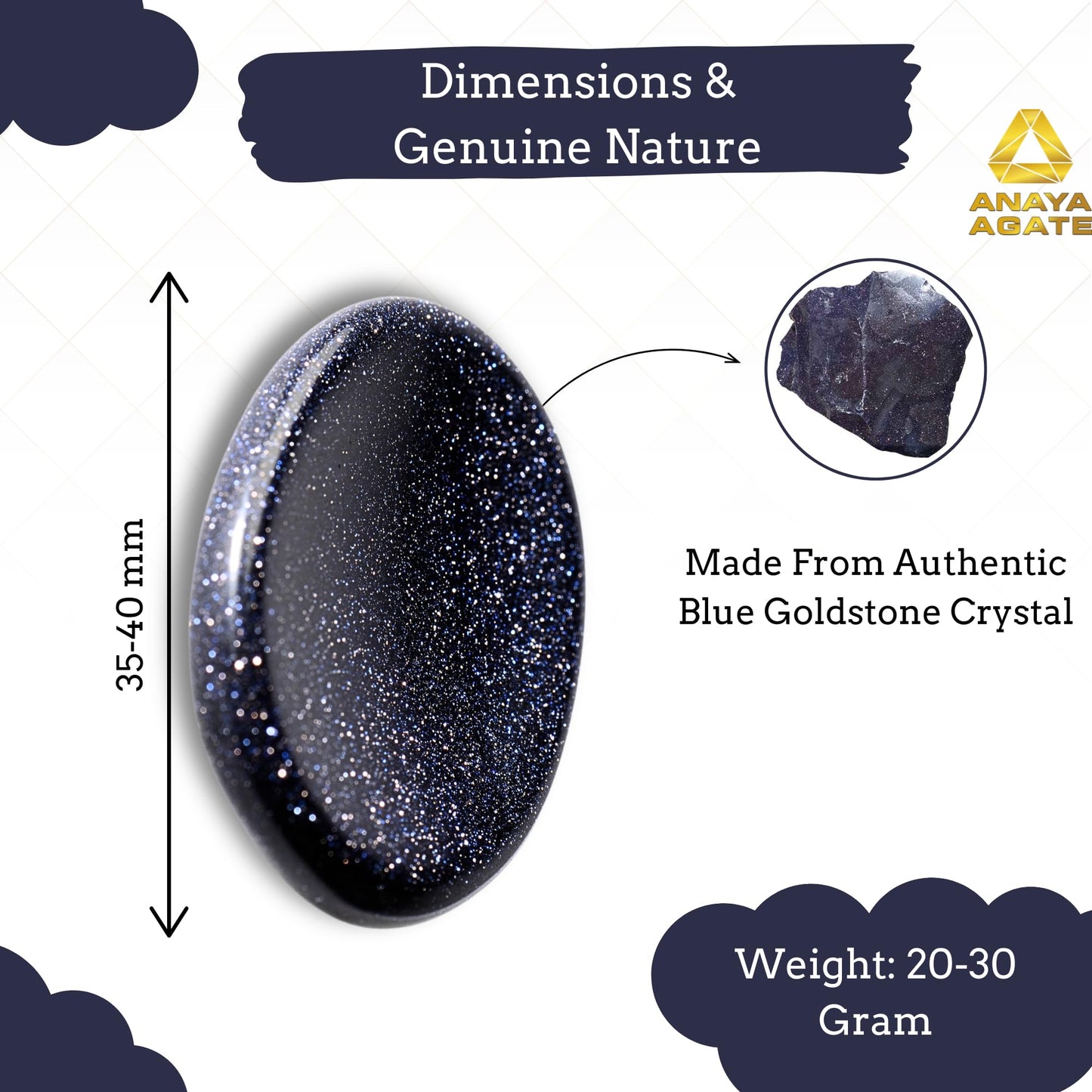 Anaya Agate Blue Goldstone Worry Stones Certified Crystal Thumb Worry Stone for Anguish, Relaxing and Soothing Balance Stones for Meditation, Stress Relief Crystals and Healing Stones for Men, Women