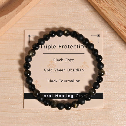 Gracayfr Black Tourmaline Obsidian Bracelet Triple Empath Protection Onyx Healing Crystals Spiritual Natural Stone Gemstone Stretch Gold Sheen