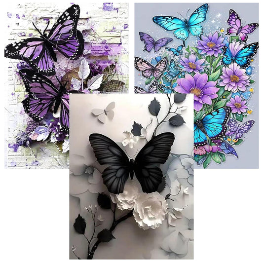 3 Pack Diamond Art Kits for Adults, Butterfly Flowers Diamond Painting Kits for Adults, 5D DIY Round Drill Gem Art Paint with Diamonds Dots Crafts Kits for Home Decor Gift 12x16inch