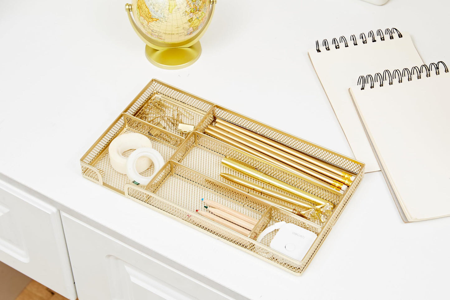 Annova Desk Drawer Organizer Tray for Office Organization - Metal Mesh - Storage Tray with Dividers for Pens, Desktop Accessories, Bathroom, Kitchen, Makeup and Office Supplies (Small, Gold)