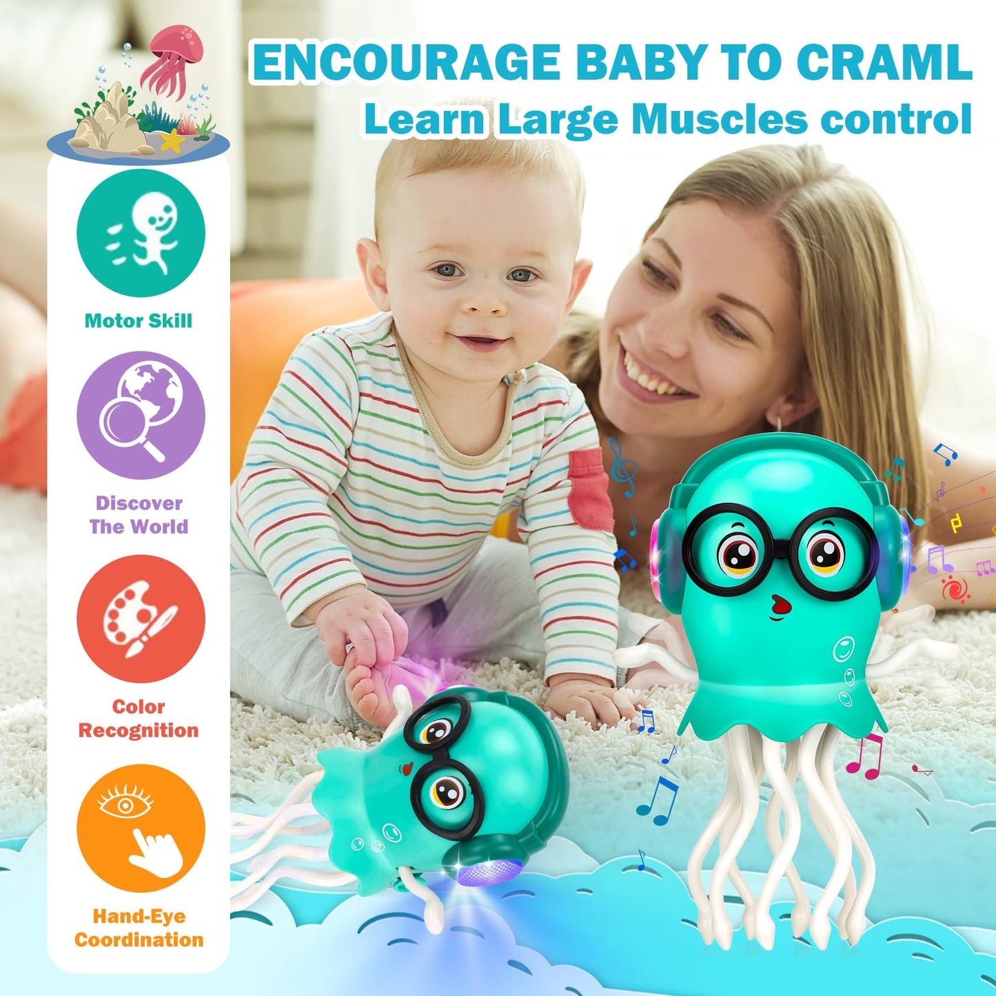 Dancing Octopus Baby Toys, Light Up Music Tummy Time Toys with 2 Flash Lights,Moving Electric Crawling Squid Toy for Babies with 1 Wheel,Baby Toy for 3 4 5 Year Old Boy Girl Christmas Birthday Gifts
