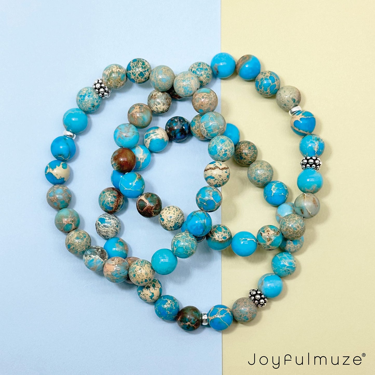Joyfulmuze Handmade Stretch Bracelet, Genuine Turquoise Emperor Round Jasper, Premium Jewelry for Women Man Girls, Grounding Strength and Stability Stone, Sterling Silver Beads (Turquoise-Jasper-8mm)