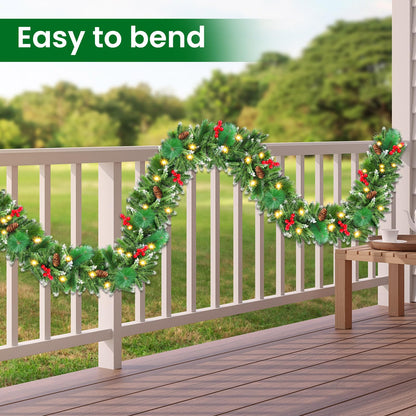 Christmas Garland with Lights, 50 LEDs 9FT Prelit Garland Battery Operated Outdoor Indoor Christmas Decorations Lighted Garland for Stairs Railing Fireplace Mantle Front Door Home Holiday Decor