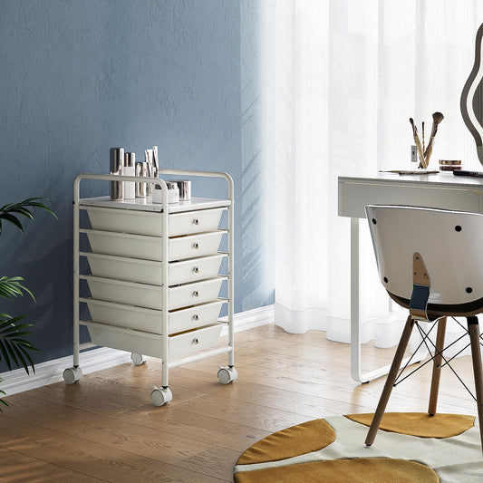 Shrivee 6-Tier Utility Cart with 6 Drawers, Rolling Utility Cart with 2 Lockable Caster Wheels, Multipurpose Mobile Rolling Drawer Cart for Office Bathroom Kitchen, Ivory White