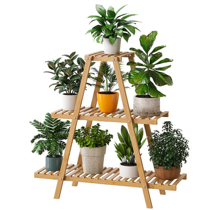 Furshus Bamboo Plant Stand - Indoor/Outdoor 3 Tier Plant Ladder, 8 Potted Flower Holder, Natural